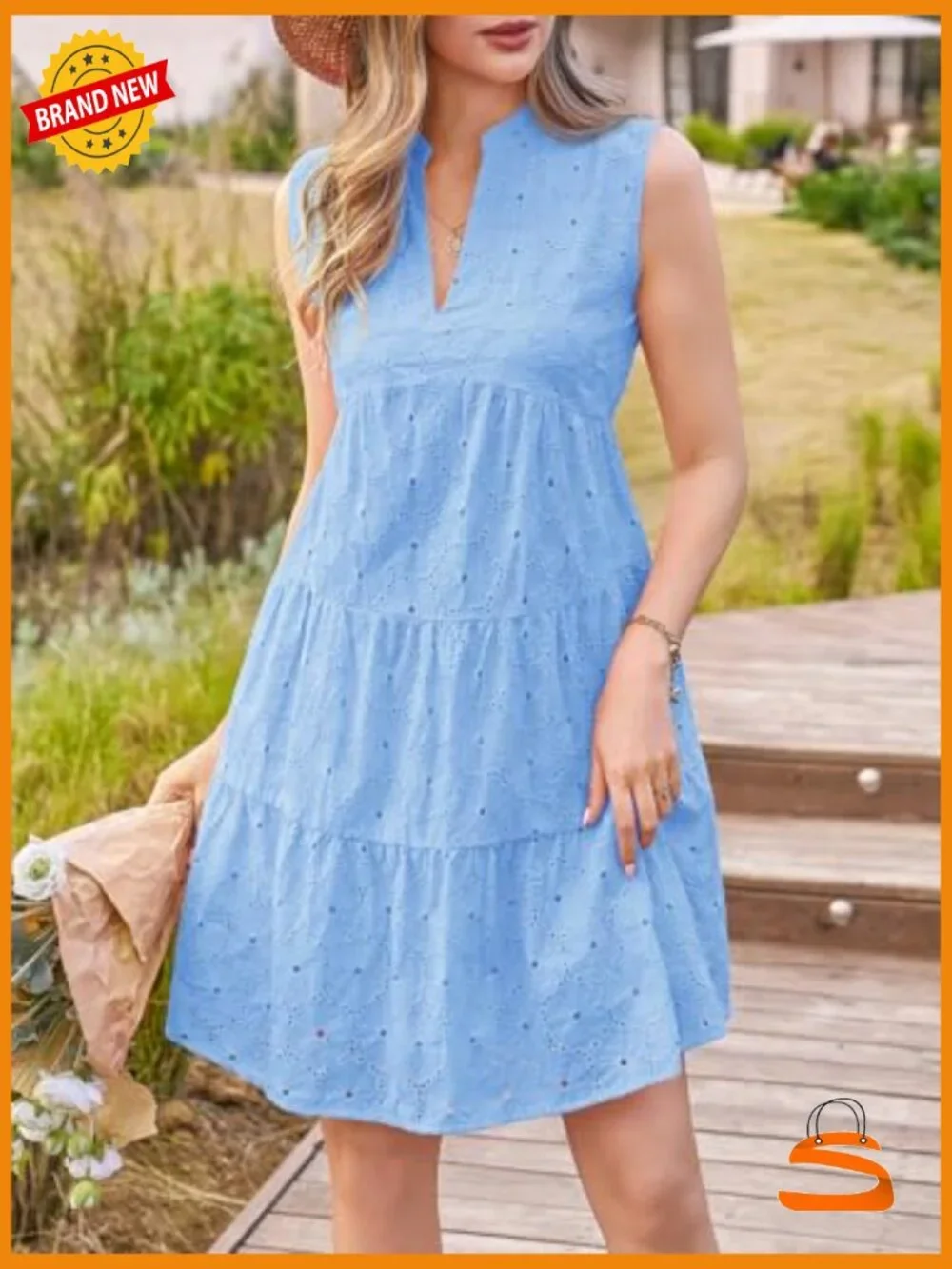 V Neck Eyelet Lace Mini Sundress Babydoll Hollow Out Swing Beach Casual Dress - Picture 4 of 6